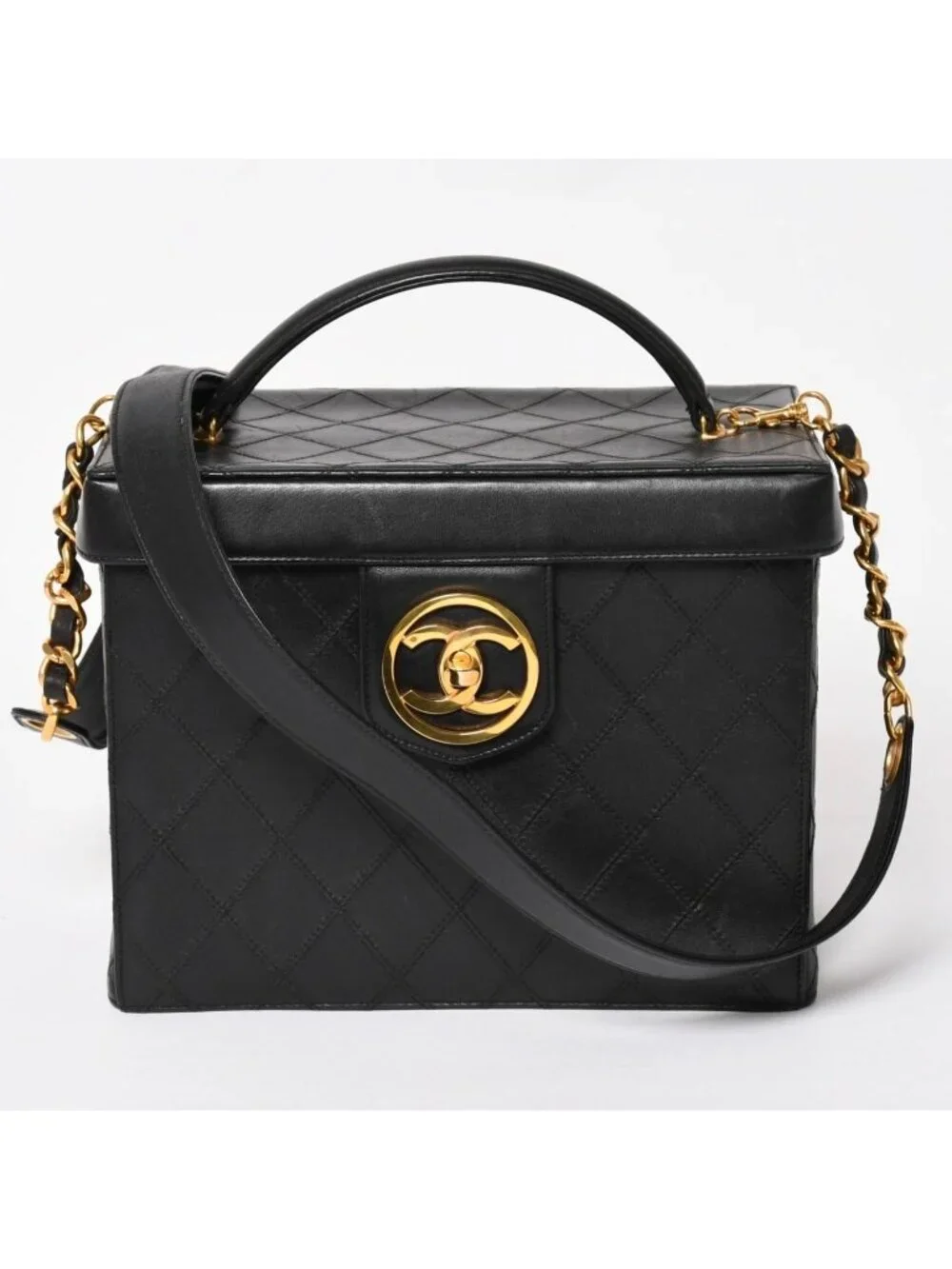 Chanel Bicolor Vanity Bag Handbag CC Logo Lambskin Black Gold
